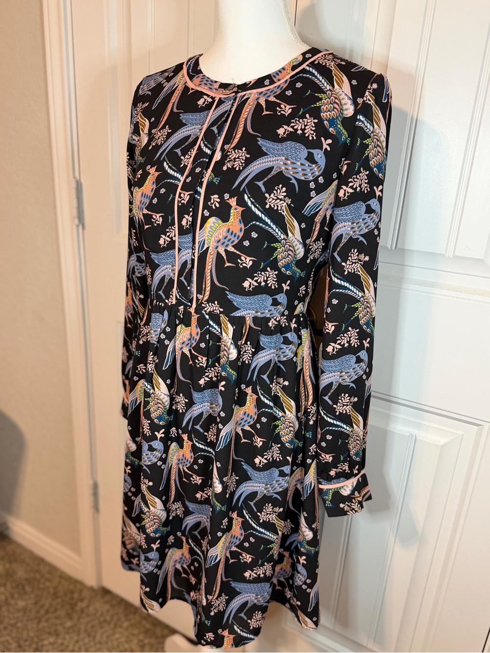 LOFT Bird Print Fit & Flare Dress XS Long Sleeve Whimsical Boho Mini Dress